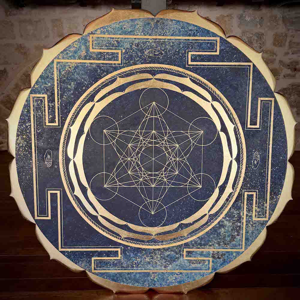 Mandala Cubo de Metatron azul y oro 24k geometria sagrada