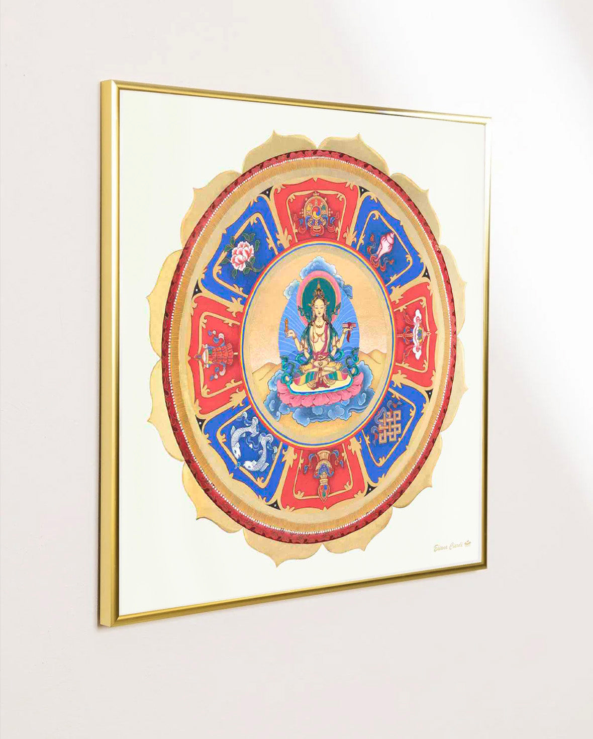Mandala Prajnaparamita Diosa enmarcada laton dorado 50x50cm