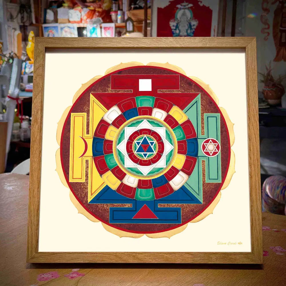 Mandala 5 elementos enmarcado con marco de madera