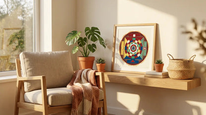 mandala 5 elementos apoyado sobre una estanteria