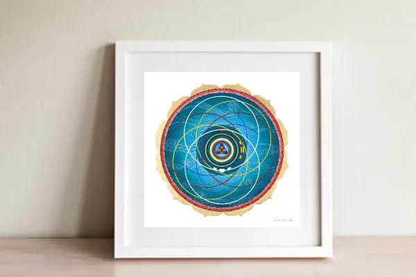 Mandala Cosmologia Tibetana en un marco de madera blanco