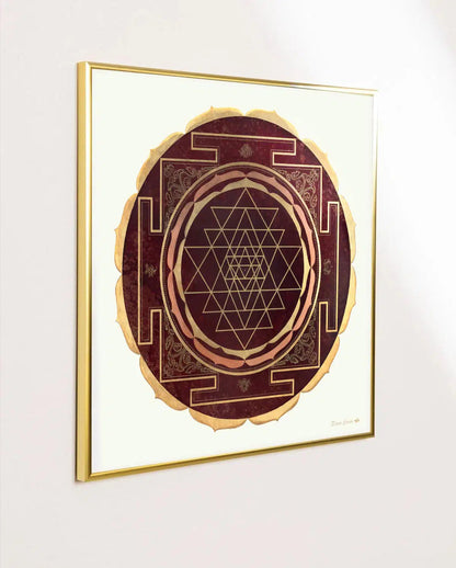 Sri Yantra con pigmento dorado a mano enmarcado en marco elegante dorado, reproducción giclée calidad museo para coleccionistas de arte sagrado