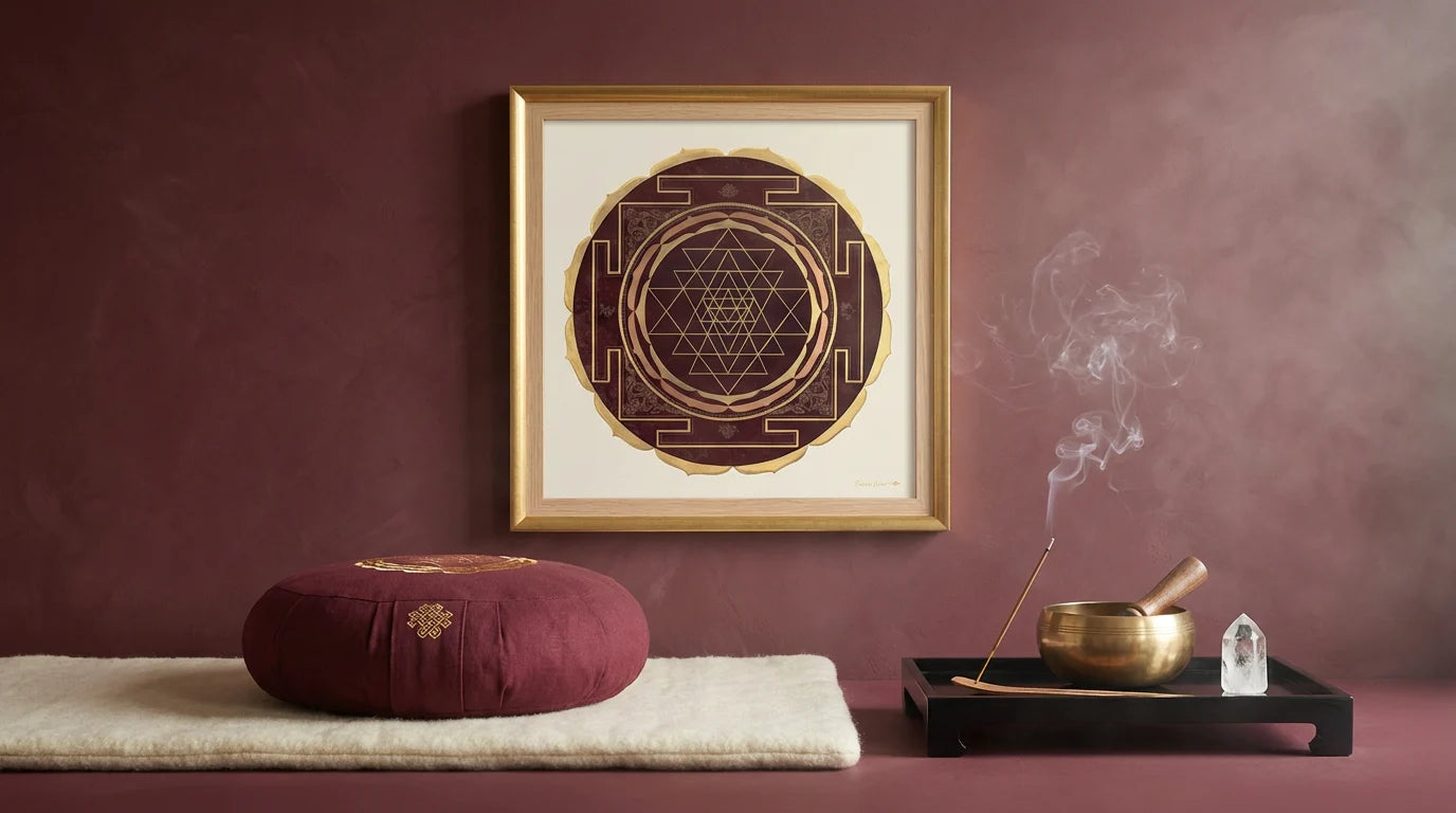 Sri Yantra mandala con zafú de meditación, herramienta para práctica de meditación profunda, activación del tercer ojo y expansión de conciencia