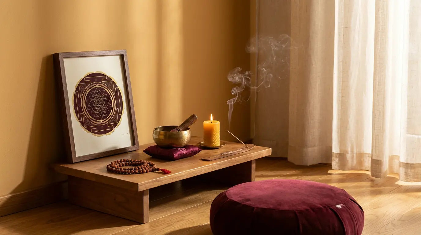 Sri Yantra mandala en altar espiritual personal, símbolo de unión Shiva-Shakti para meditación profunda y conexión con lo divino