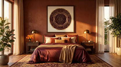 Sri Yantra mandala colgado en dormitorio con decoración cálida, creando ambiente de paz y armonía para meditación y descanso profundo