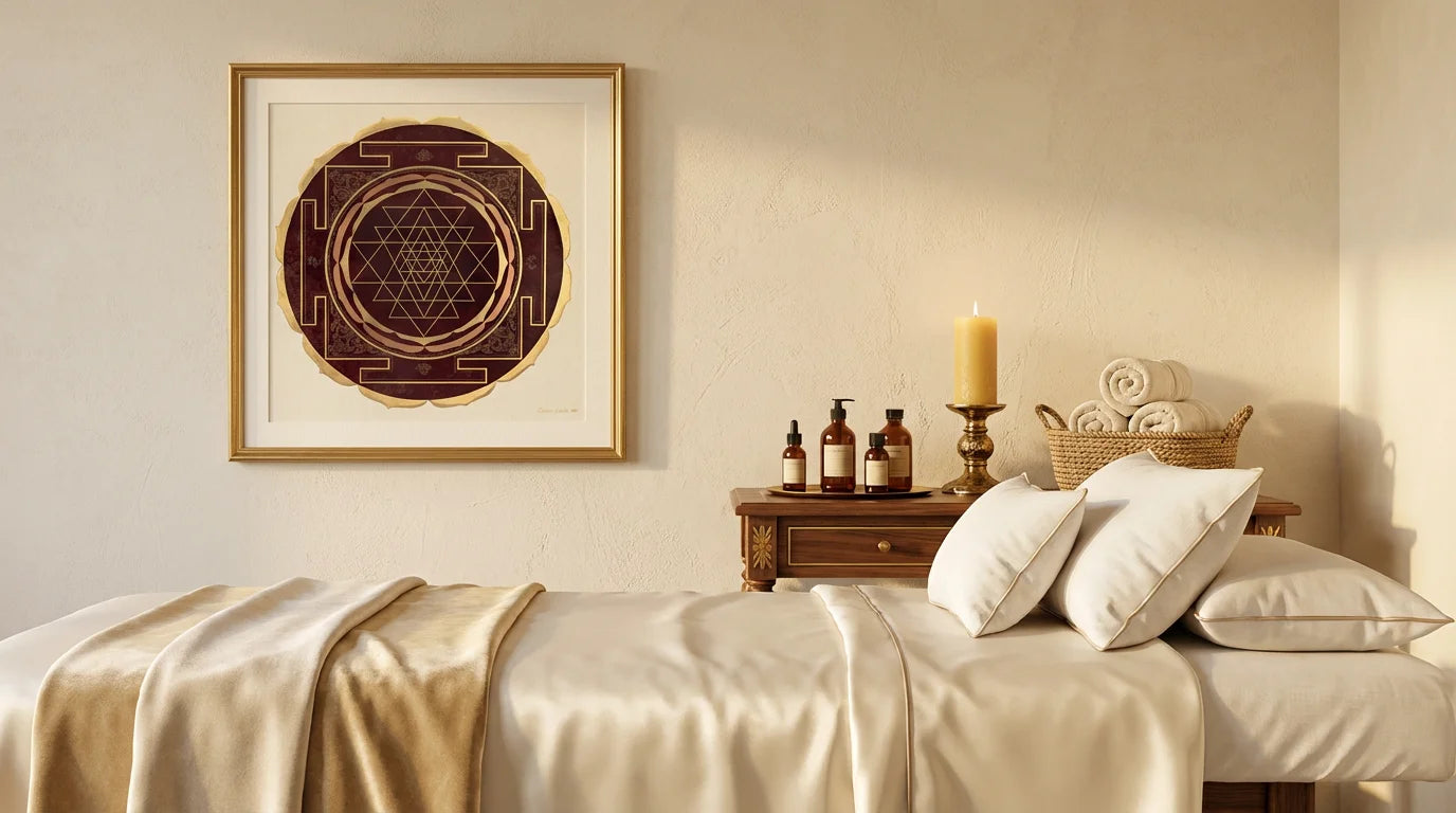 Sri Yantra mandala en sala de terapia holística, geometría sagrada que induce coherencia cerebral y estados de calma para sanación emocional