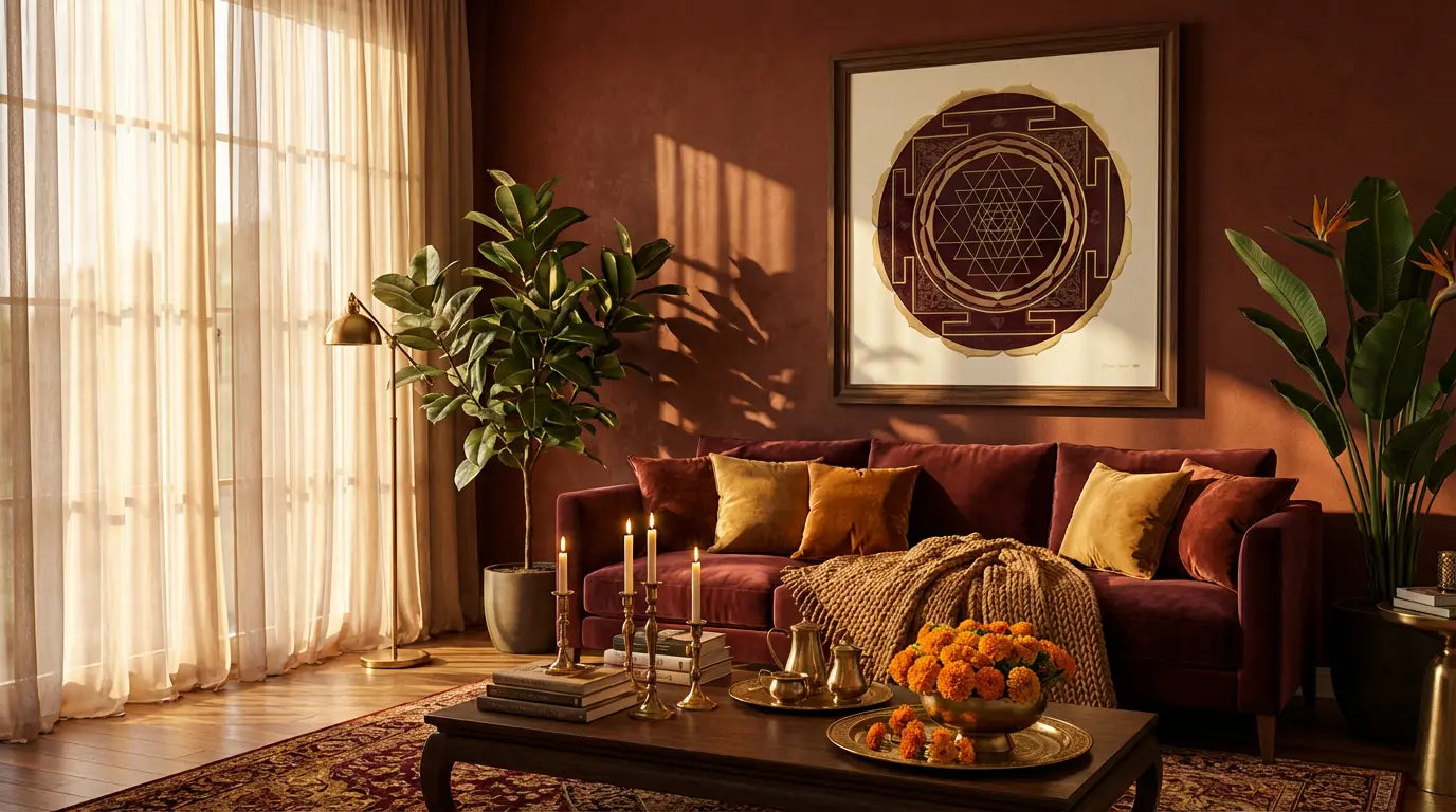 Sri Yantra mandala en salón creando ambiente de paz y armonía, geometría sagrada que transforma espacios cotidianos en templos de coherencia energética