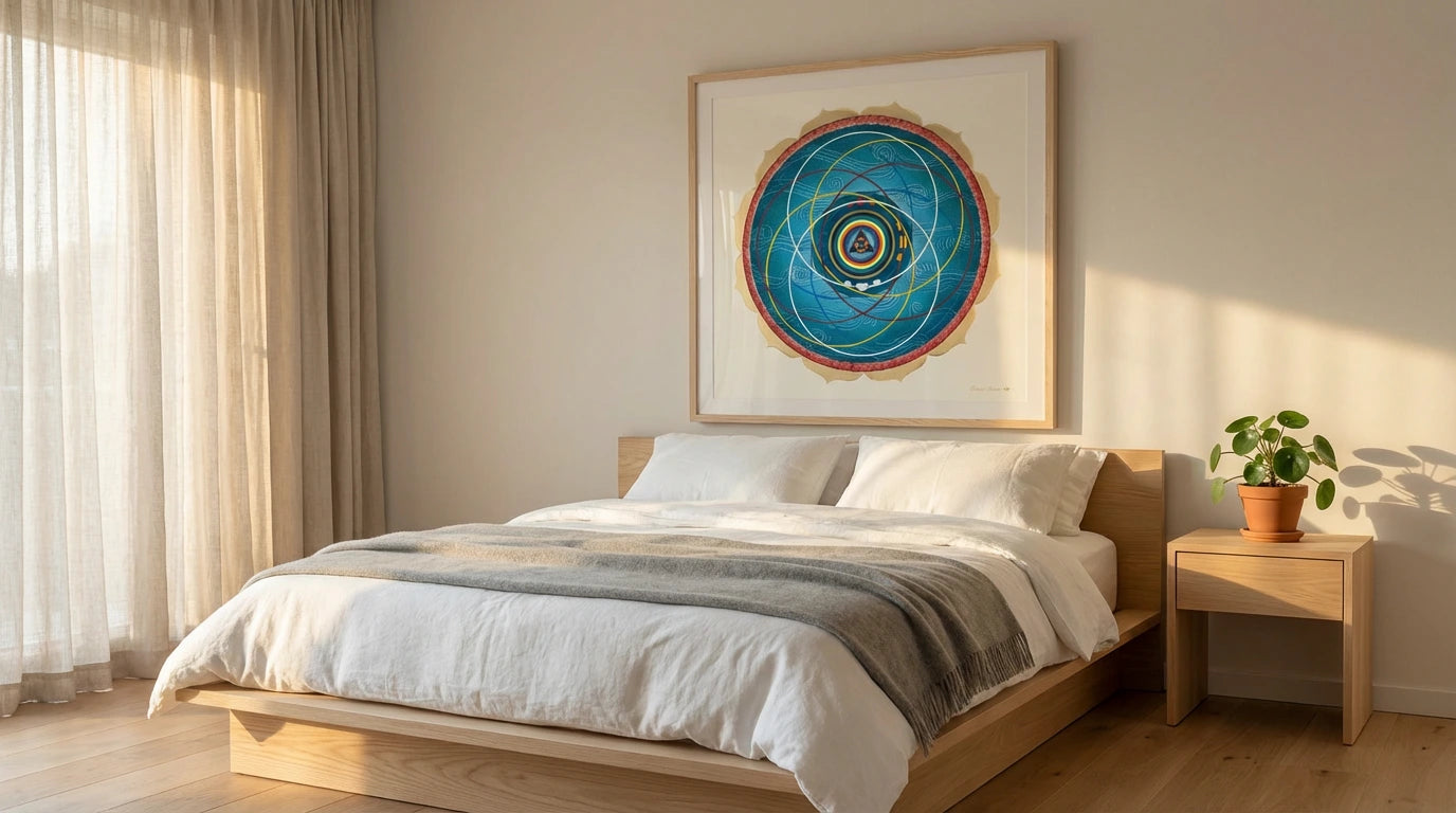 mandala cosmologia colgado en un dormitorio