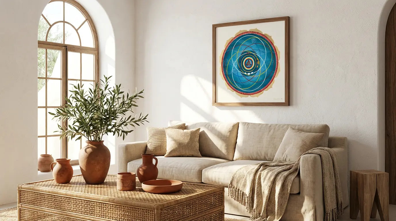 mandala cosmologia colgado en un salón estilo mediterraneo