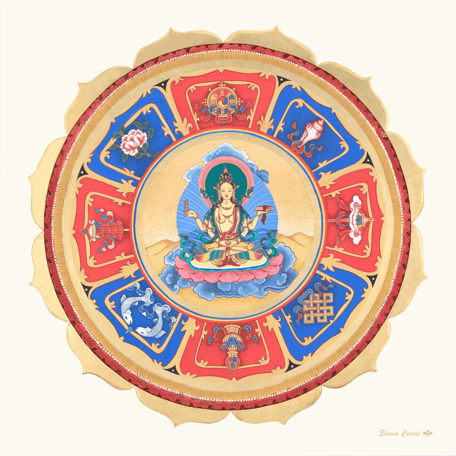 Mandala Prajnaparamita con el sutra del corazon en la mano derecha