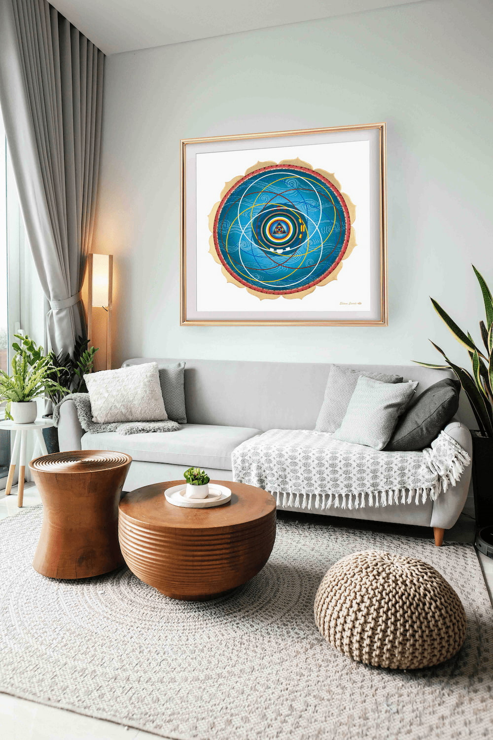 Mandala Cosmologia Tibetana enmarcado colgado en un salon