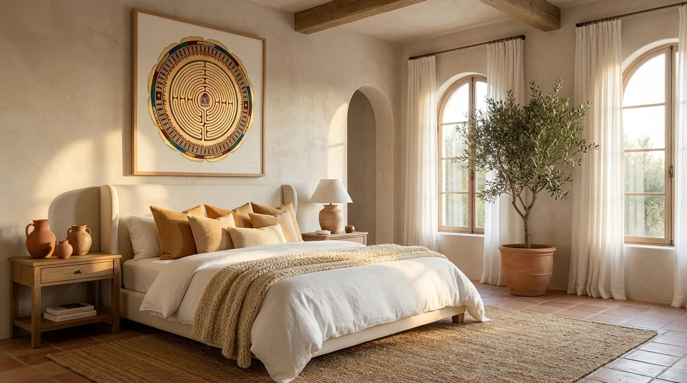 mandala alma colgado en un dormitorio de matrimonio