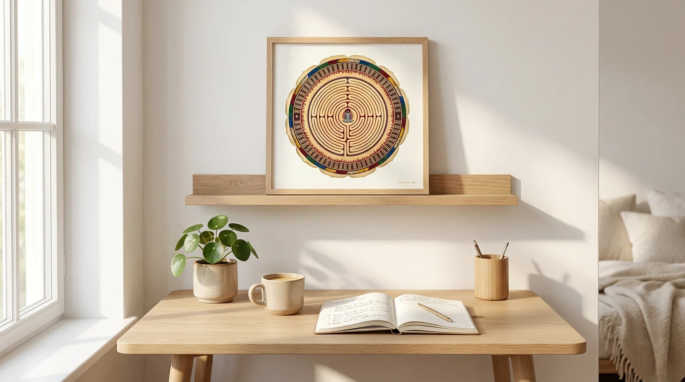 mandala alma sobre estanteria de madera en un dormitorio