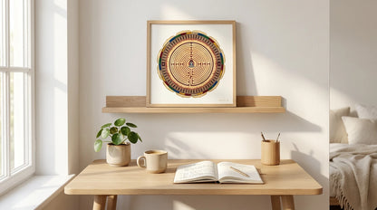 mandala alma sobre estanteria de madera en un dormitorio