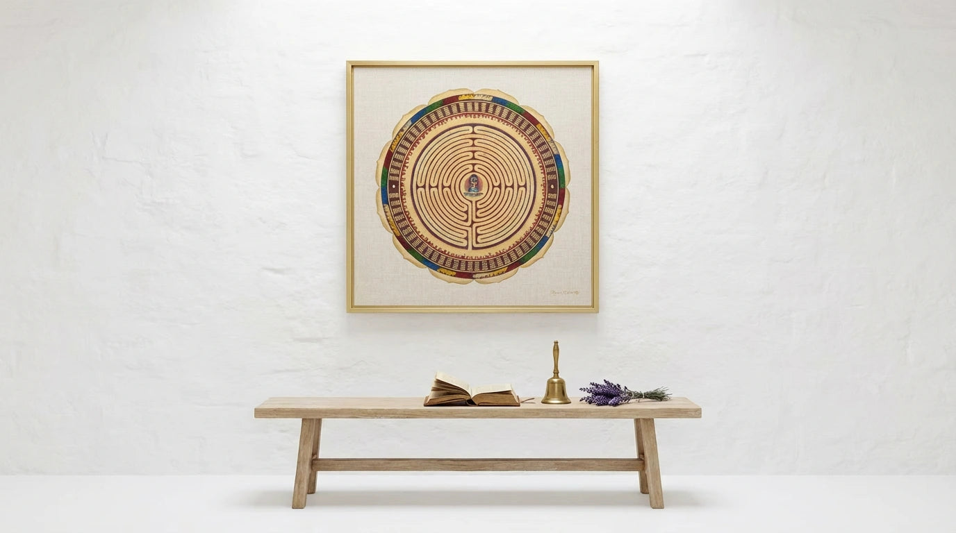 mandala alma con un bnco de madera y campana de meditación
