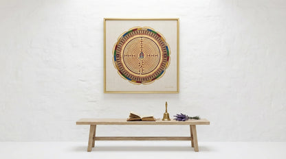 mandala alma con un bnco de madera y campana de meditación