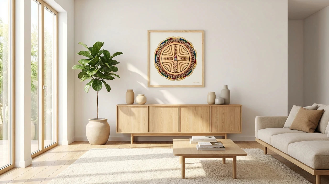 MAndala alma colgado en un salón estilo nordico