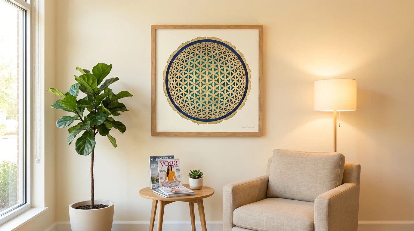 mandala flor de la vida sala de estar de un centro de yoga
