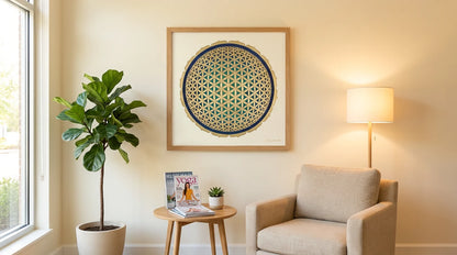 mandala flor de la vida sala de estar de un centro de yoga
