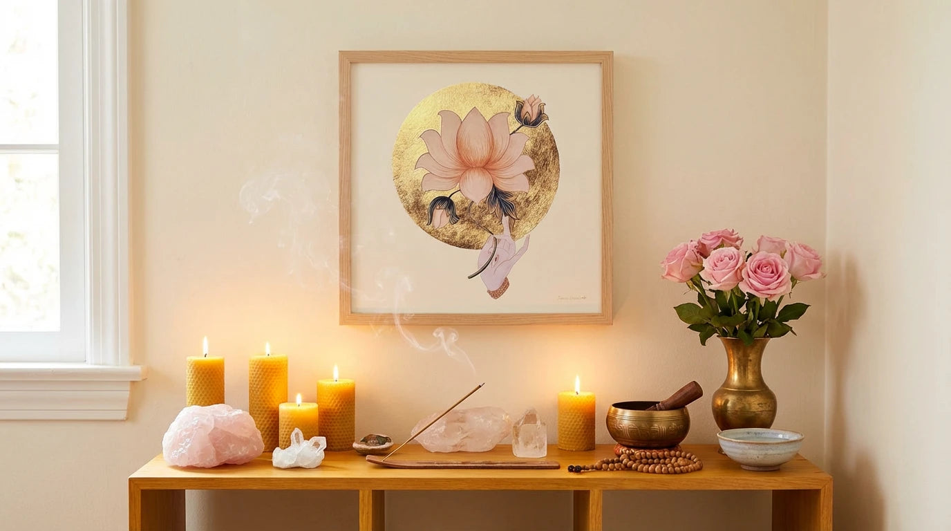 mandala lotus altar con cuarzos