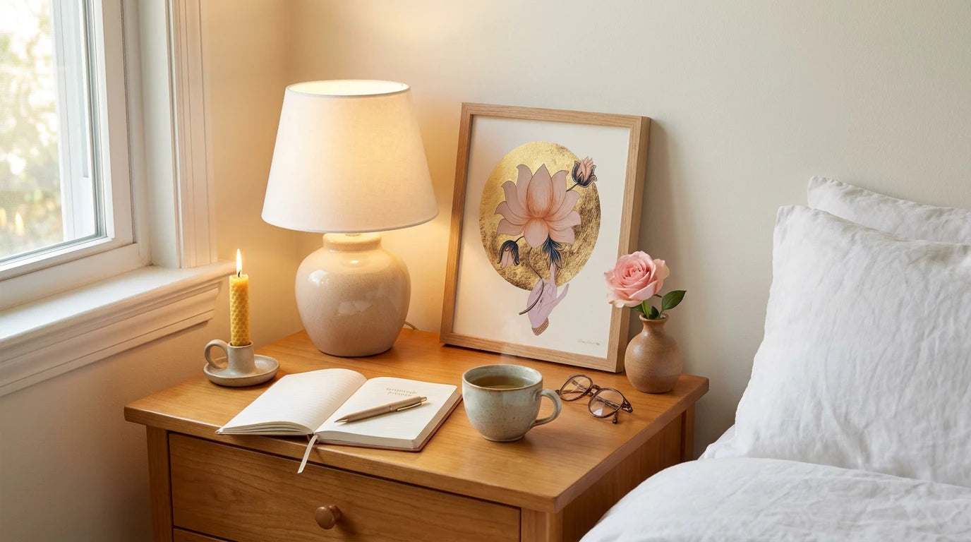 mandala lotus apoyando en una mesita de noche
