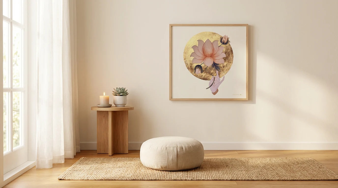 mandala lotus sala de meditacioón con zafus