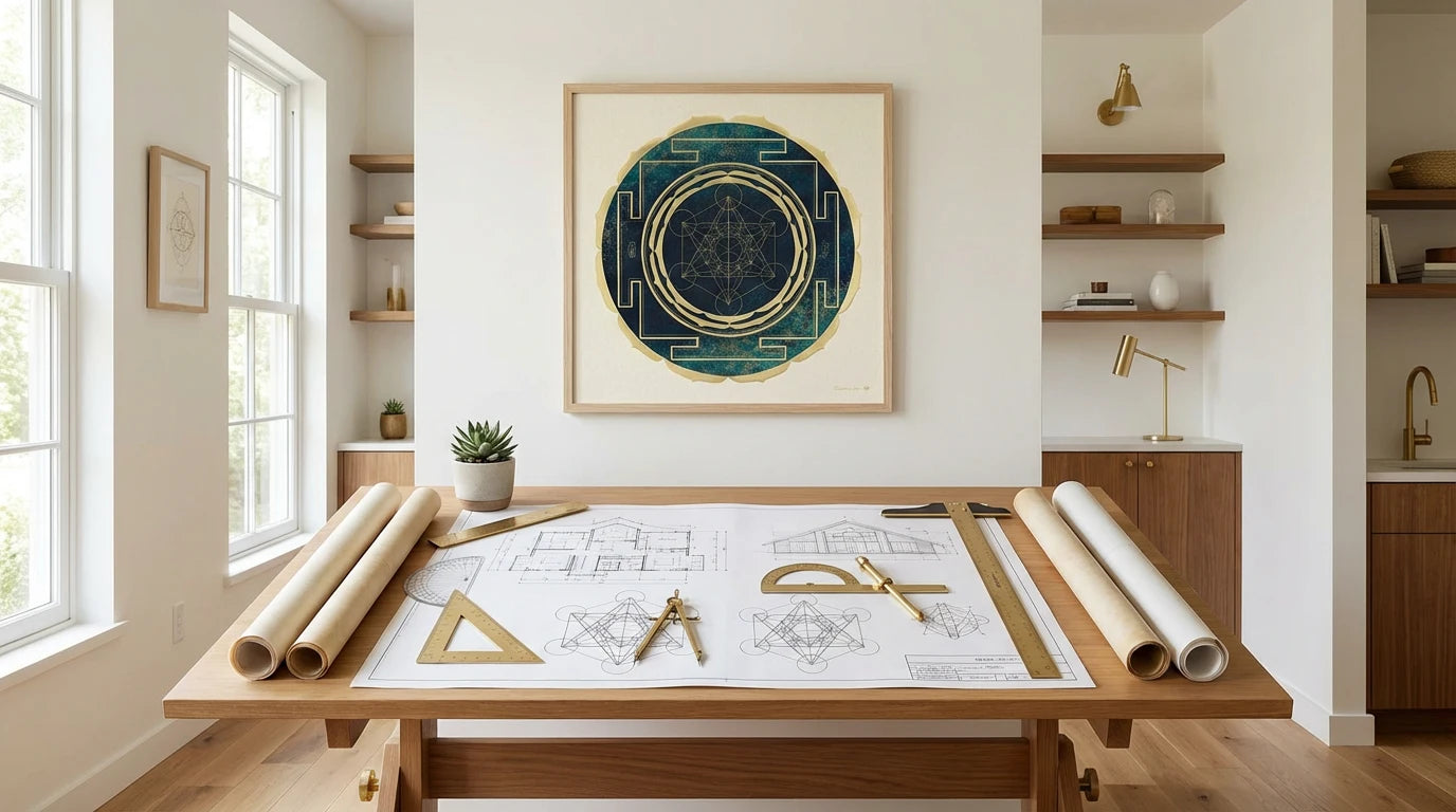 mandala metatron estudio de arquitectura con mesa de trabajo
