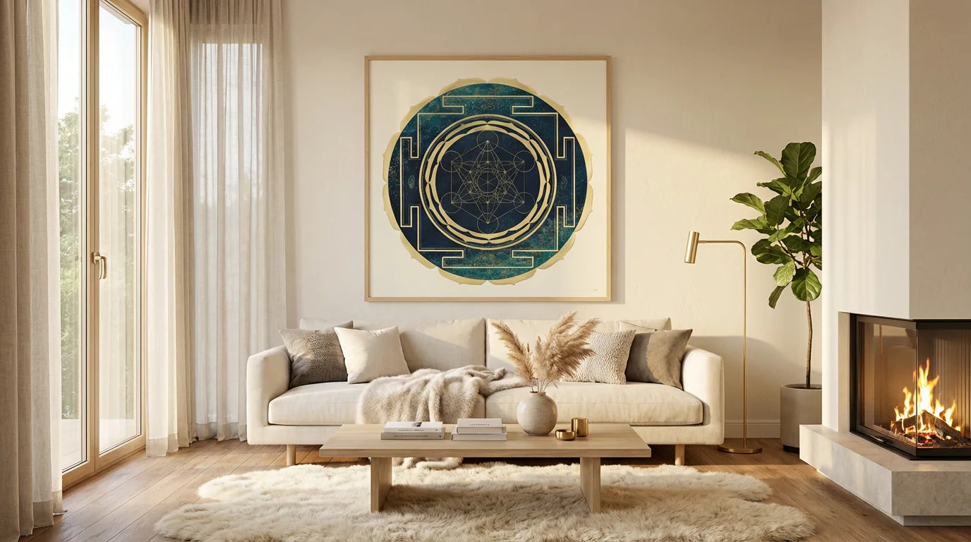 mandala metatron salon moderno con chimenea