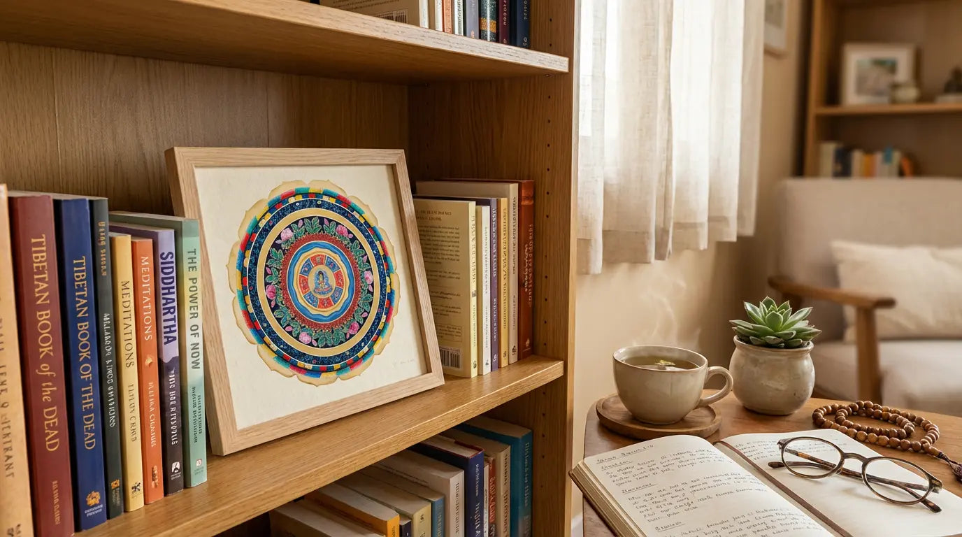 mandala prajnaparamita apoyado en una estanteria con libros