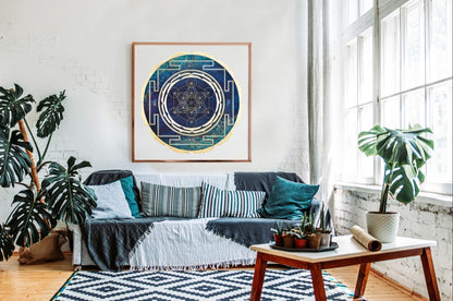 Mandala Cubo de Metatron colgado en un salon azul