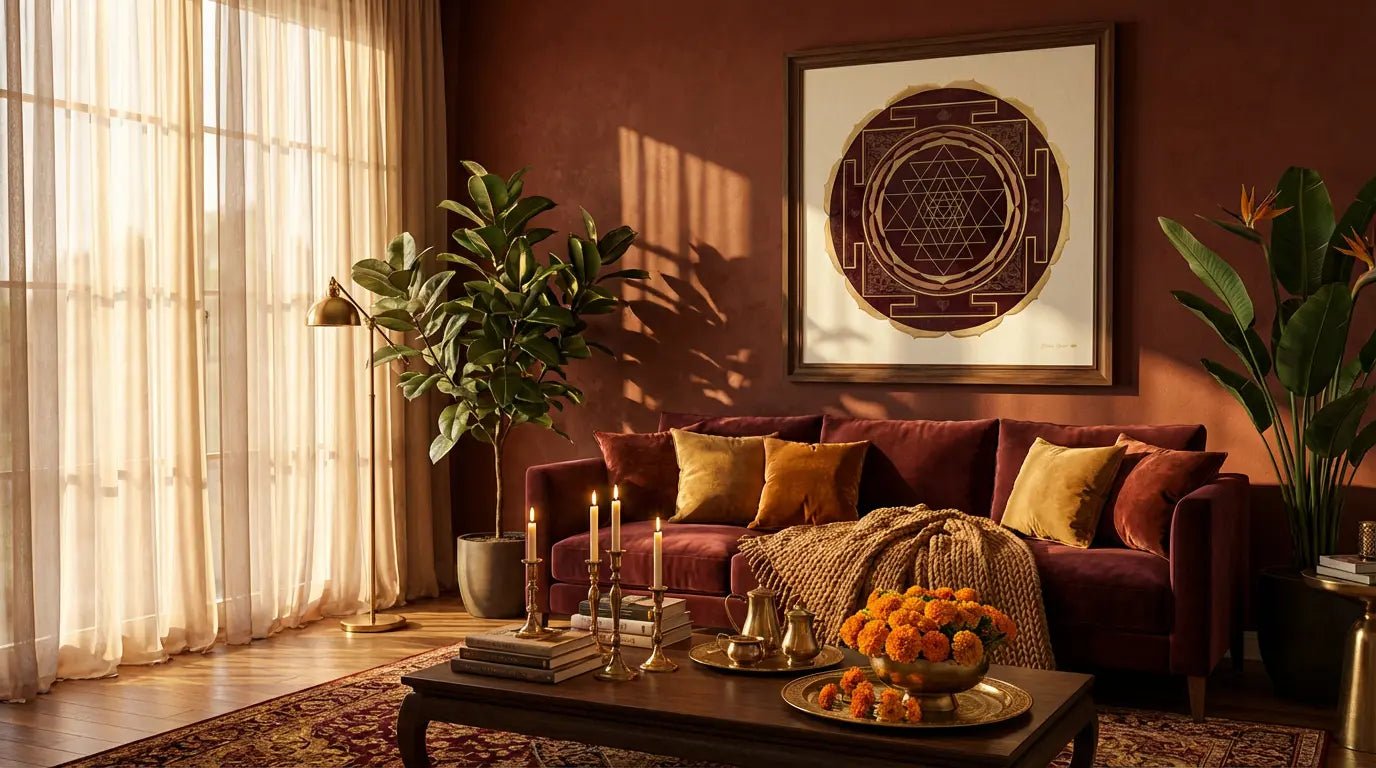 Sri Yantra mandala en salón creando ambiente de paz y armonía, geometría sagrada que transforma espacios cotidianos en templos de coherencia energética
