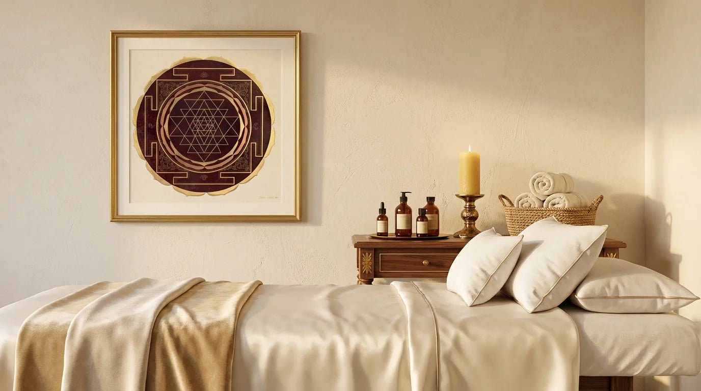 Sri Yantra mandala en sala de terapia holística, geometría sagrada que induce coherencia cerebral y estados de calma para sanación emocional