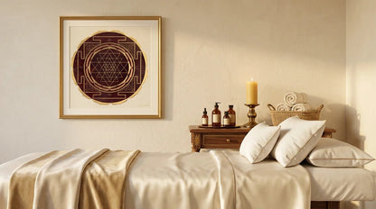Sri Yantra mandala en sala de terapia holística, geometría sagrada que induce coherencia cerebral y estados de calma para sanación emocional